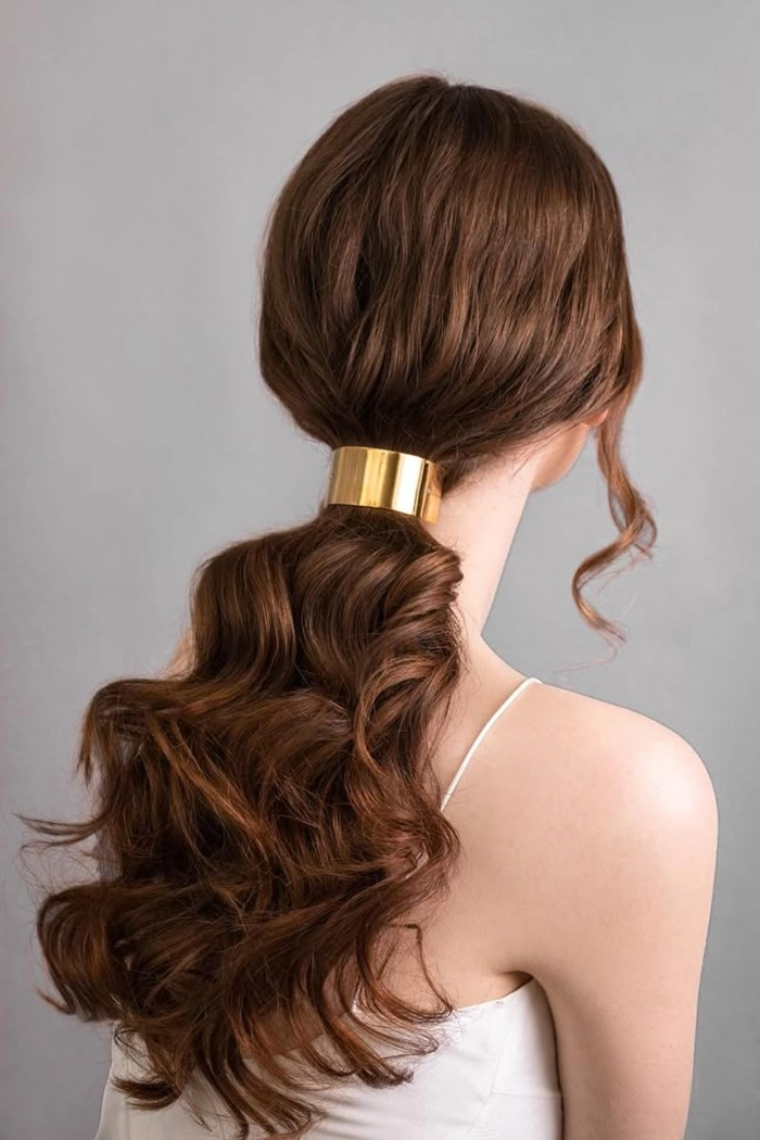 Cocktail party hairstyle featuring gold hair cuffs Gold hair cuffs decorate a sleek cocktail party updo