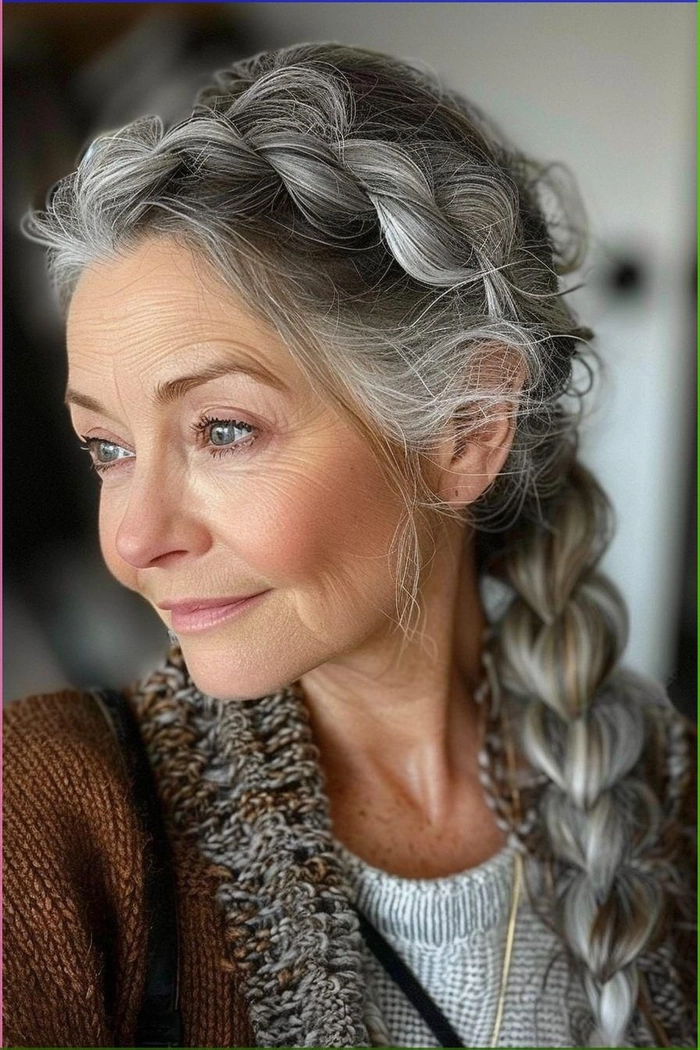 Elegant silver grey hair swept into a chic chignon for a cocktail party