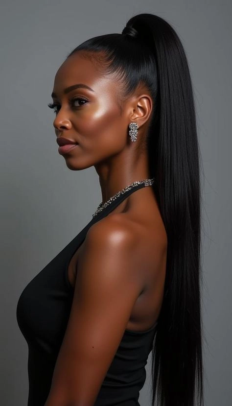 Elegant sleek high ponytail paired with cocktail dress for parties