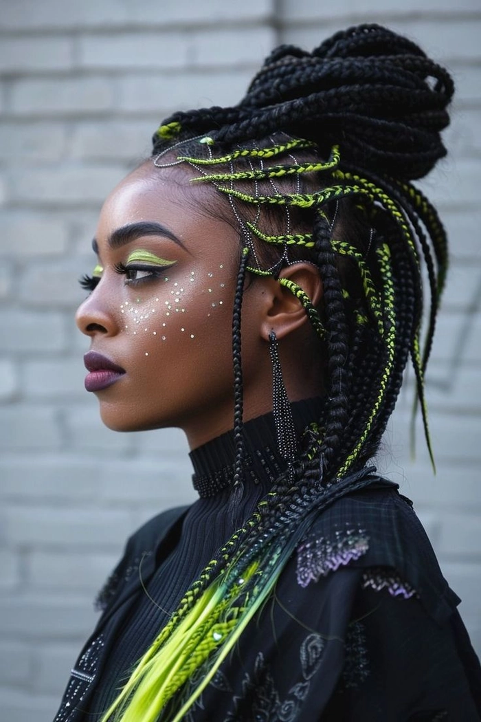 Vibrant cyberpunk party hairstyle with glowing neon hair extensions