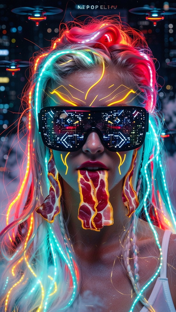 Cyberpunk festival hairstyle with glowing neon hair extensions