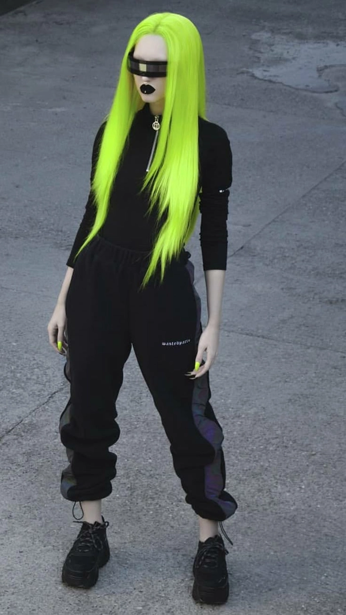 Cyberpunk festival hair with glowing neon extensions