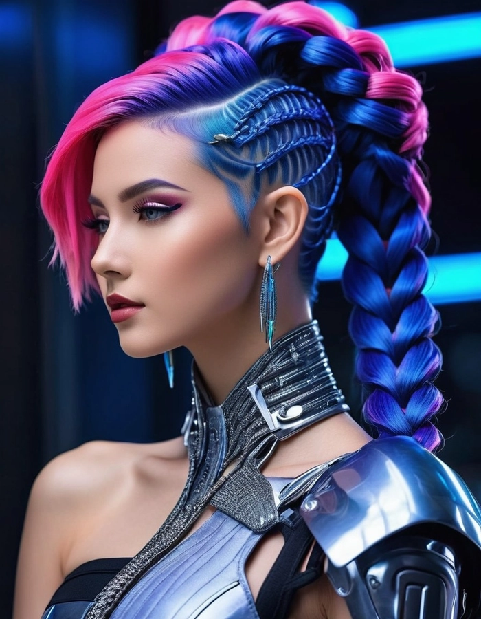 Woman with vibrant neon extensions styled in a cyberpunk festival updo for a party