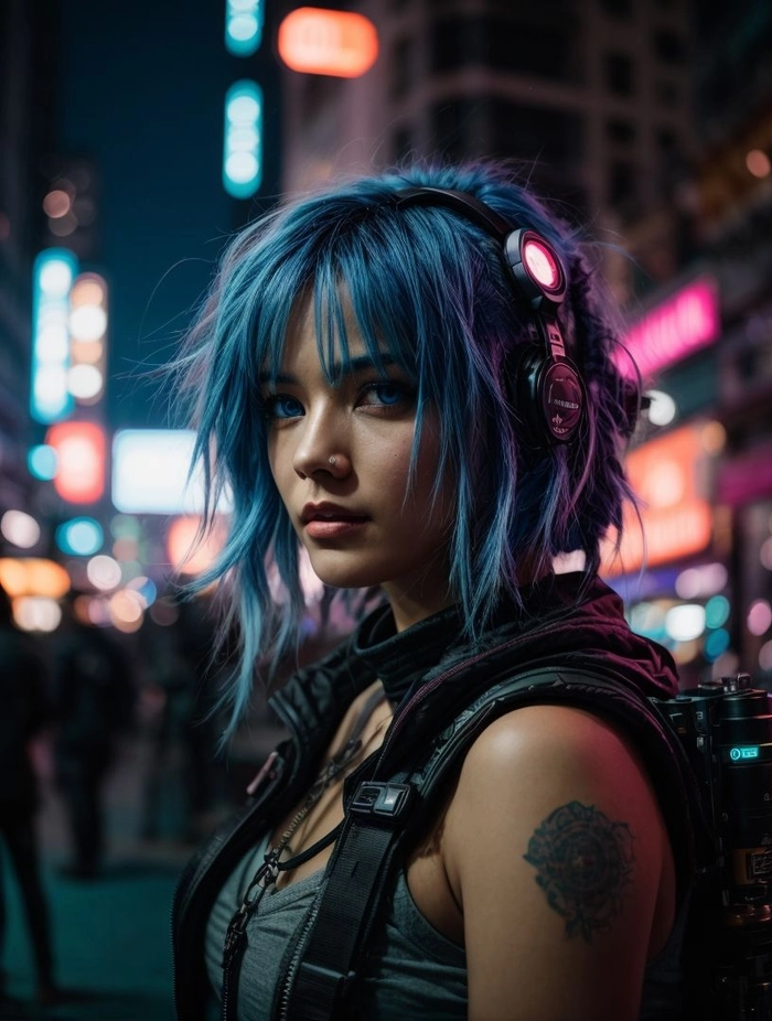 A woman with a cyberpunk festival hairstyle adorned with bright neon hair extensions