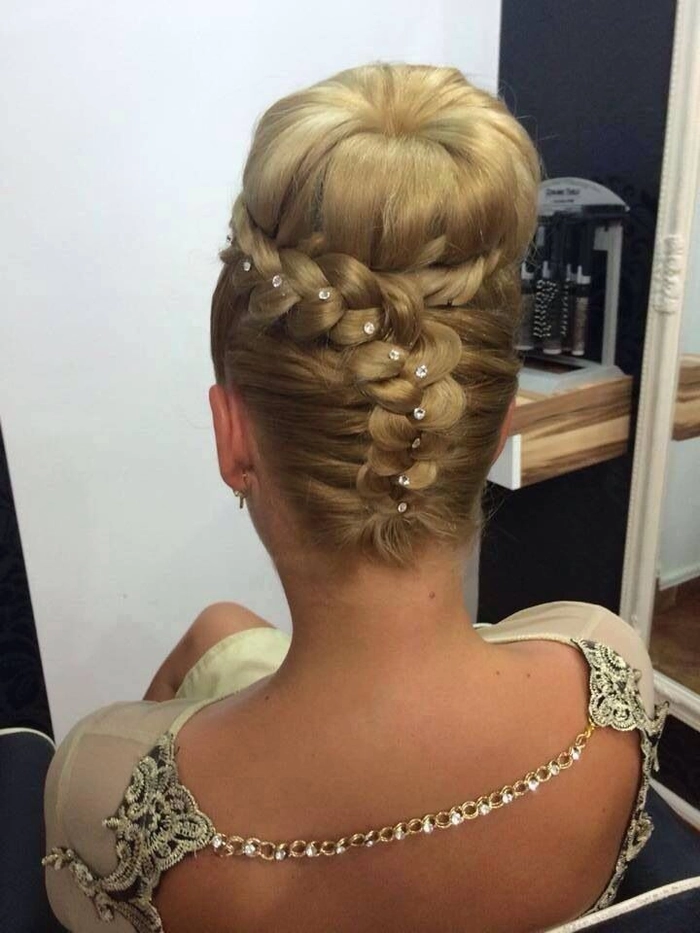 Elegant evening bun hairstyle for very long hair with twisted updo