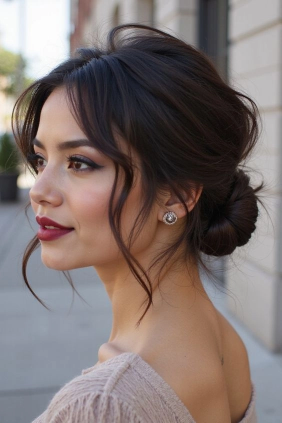 Elegant evening bun hairstyle for very long hair, party look with sleek updo