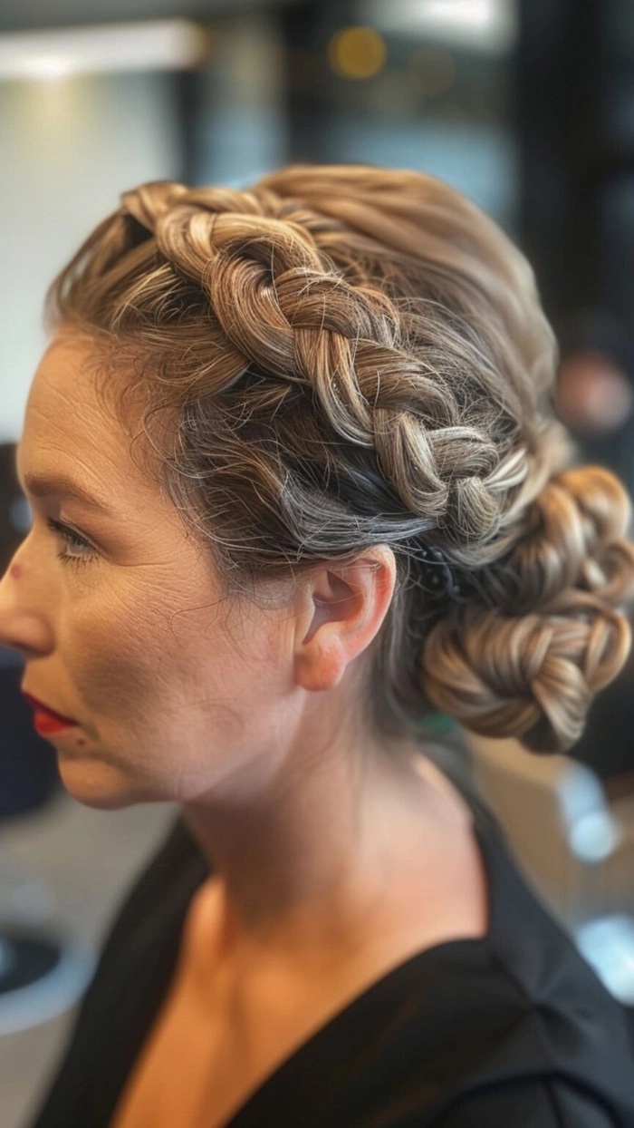 Chic party updo hairstyle crafted for mature women seeking refined elegance Elegant evening updo for women over forty with soft curls and side-swept detail