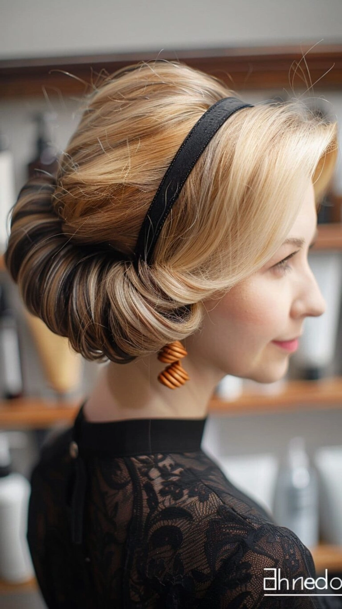 Sophisticated party updo with gentle waves for mature women Elegant evening updo hairstyle for women over forty, side view showing soft curls and volume
