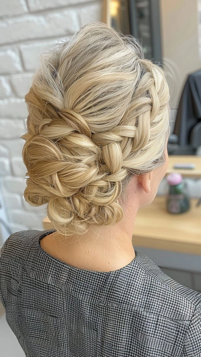 Sophisticated party hairstyle: elegant updo for mature women Elegant evening updo for women over forty with soft curls and a decorative pin
