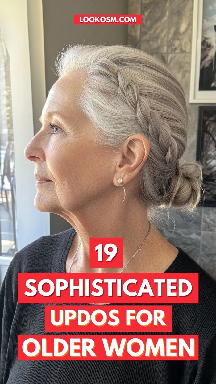 Elegant Updo for Women Over Forty - Party Hairstyle Example 8 Elegant evening updo hairstyle for women over forty, side view with soft curls and pearl accents