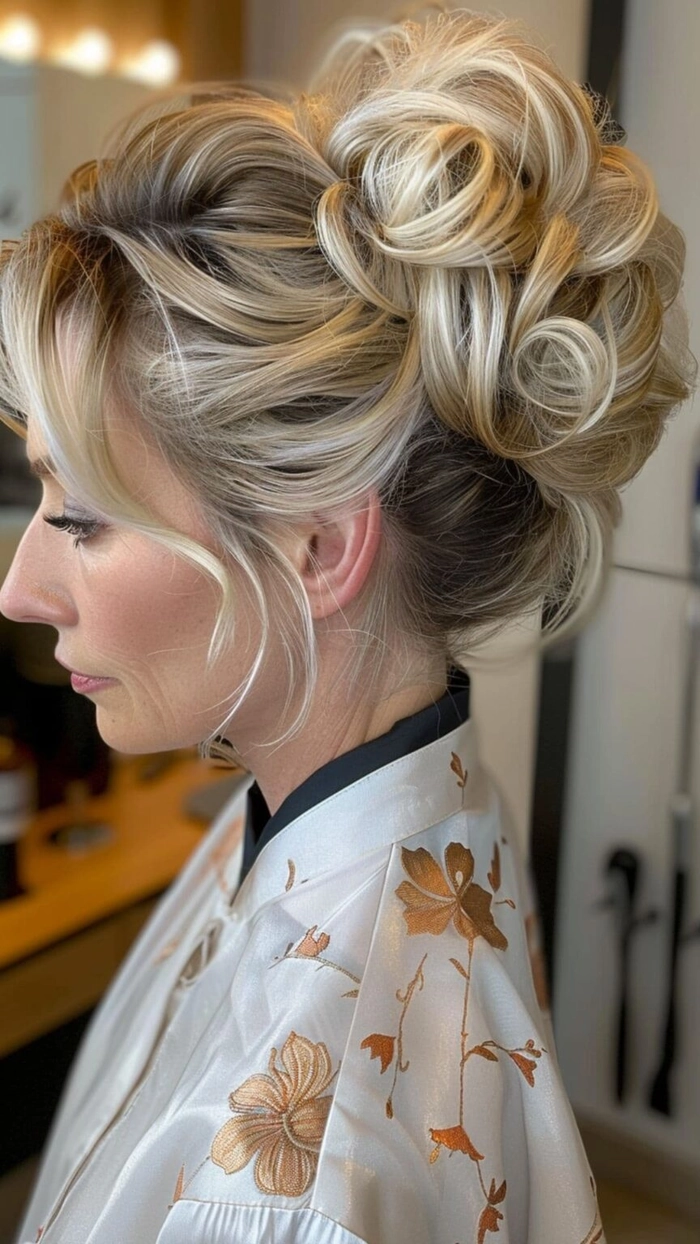 Elegant Evening Updo for Women Over Forty - Party Hairstyle Idea Elegant silver-streaked updo with soft curls for a formal evening party