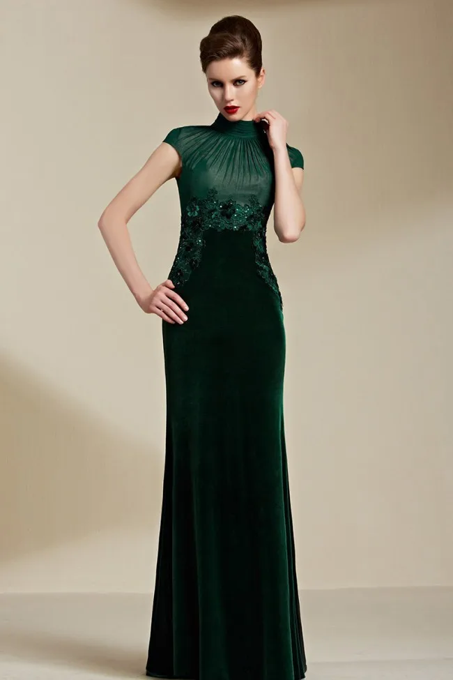 Elegant evening updo complementing a high neck velvet gown for a party hairstyle look