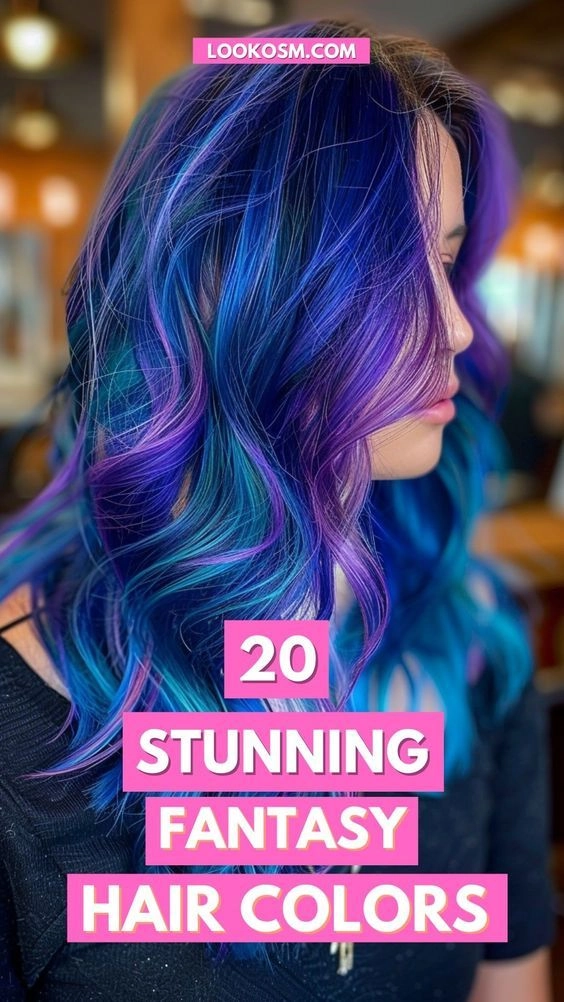 Evening updo with vivid fantasy hair colors featuring twisted braids and soft curls