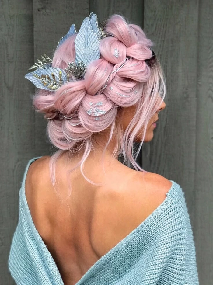 Dramatic evening updo with bold fantasy hair colors in vibrant shades