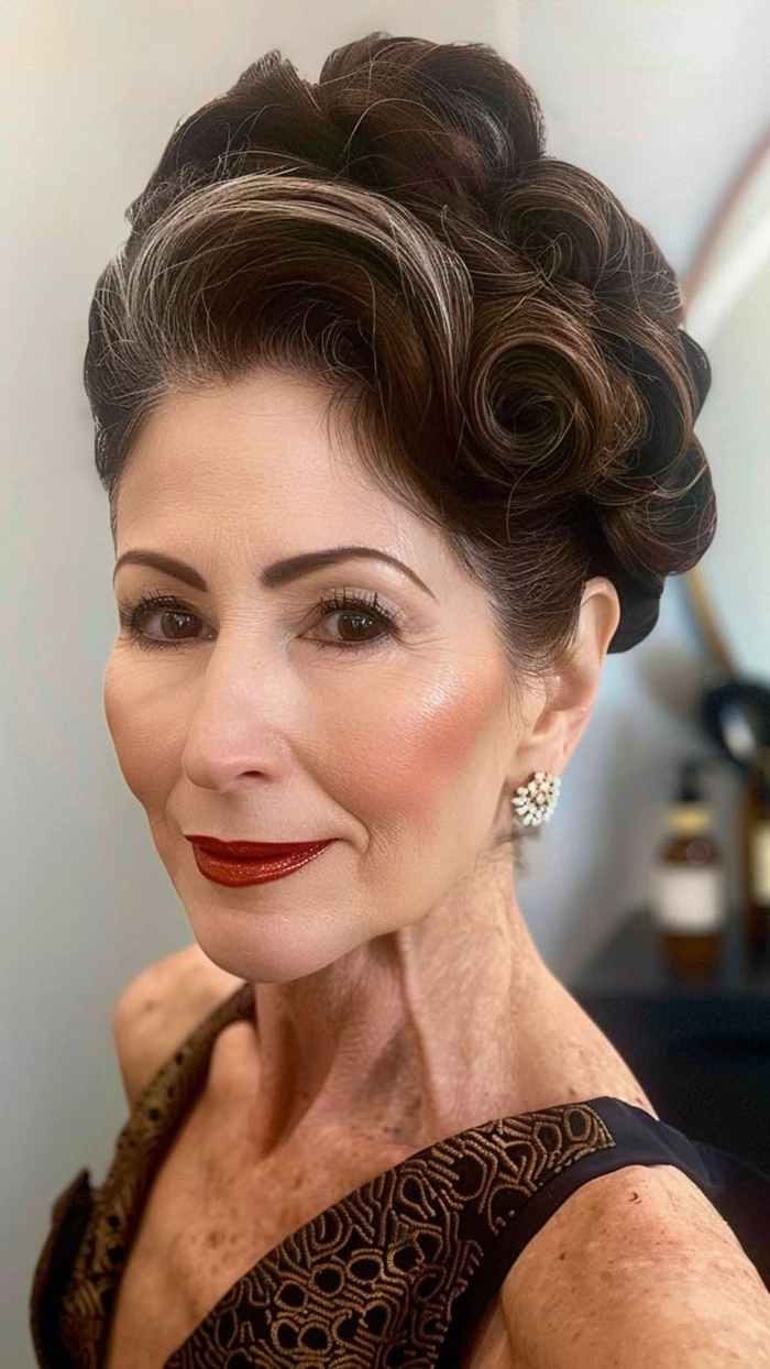 Sophisticated Party Updo for Women Over Forty Elegant evening updo hairstyle for women over forty with soft curls and decorative pins