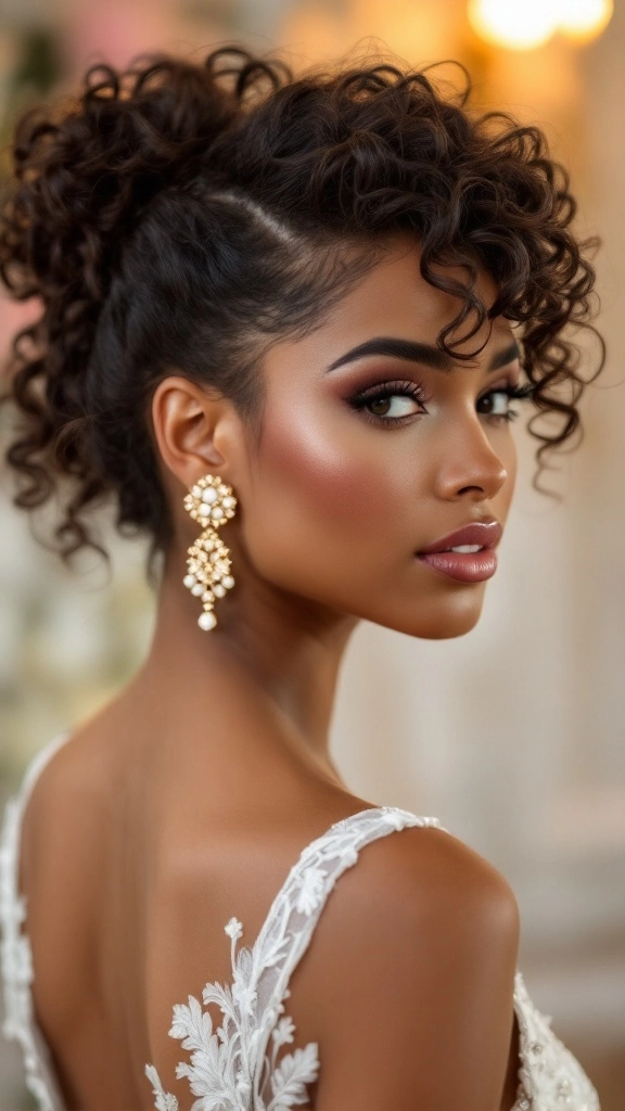Elegant evening updo paired with sparkling statement earrings for a party hairstyle
