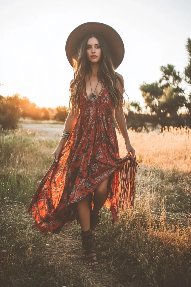 Festival hair complementing a flowy bohemian maxi dress