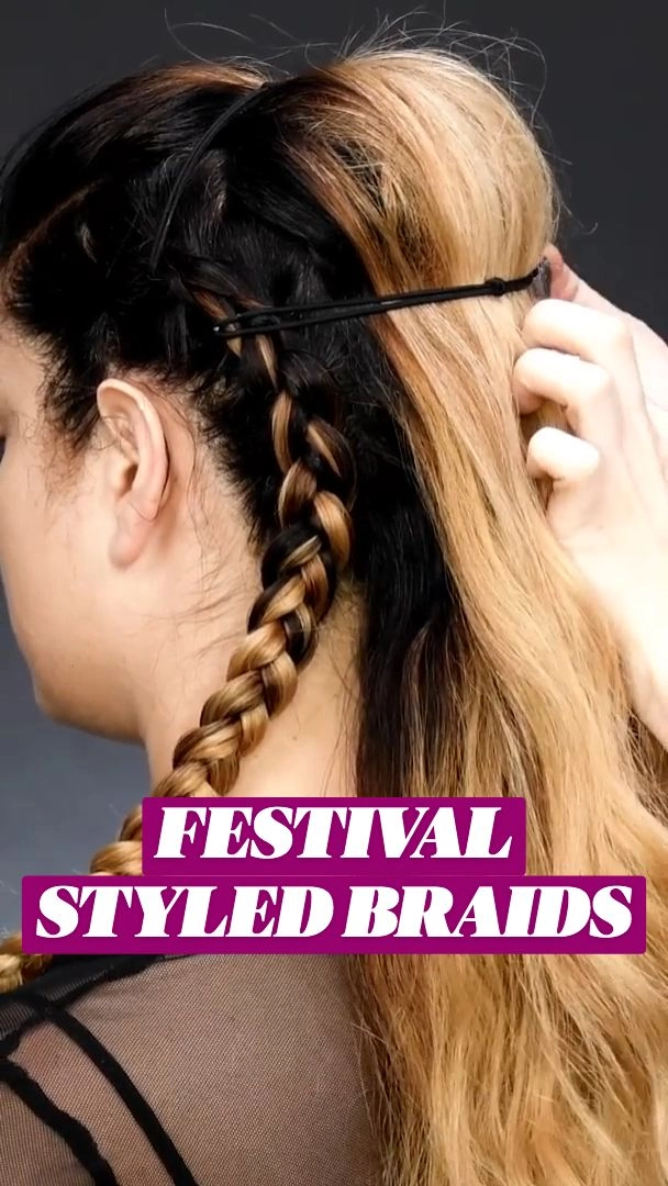 Metallic-thread woven braids for festival and celebration hairstyles Festival braids with metallic thread shimmering in party lighting