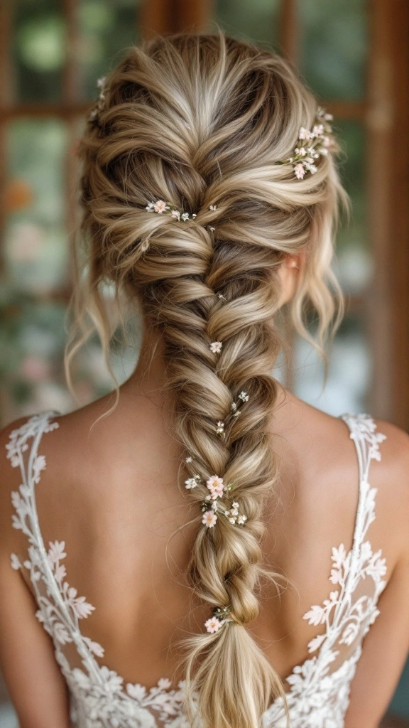 Bohemian festival fishtail braids with loose waves and floral accents