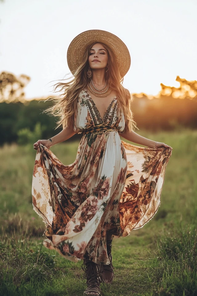 Bohemian festival hairstyle with loose waves and floral accents, paired with a flowy maxi dress
