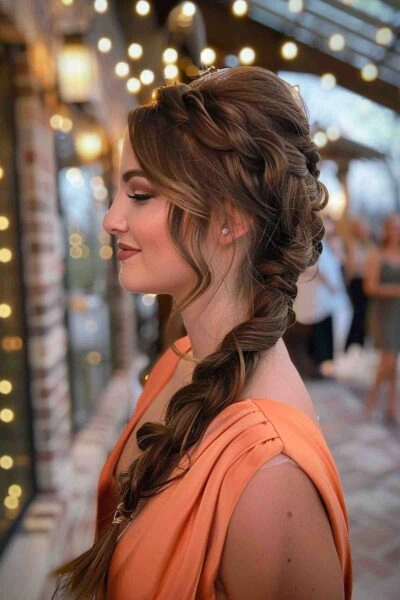 Thick heavy hair styled in elegant gala braids for a formal party occasion