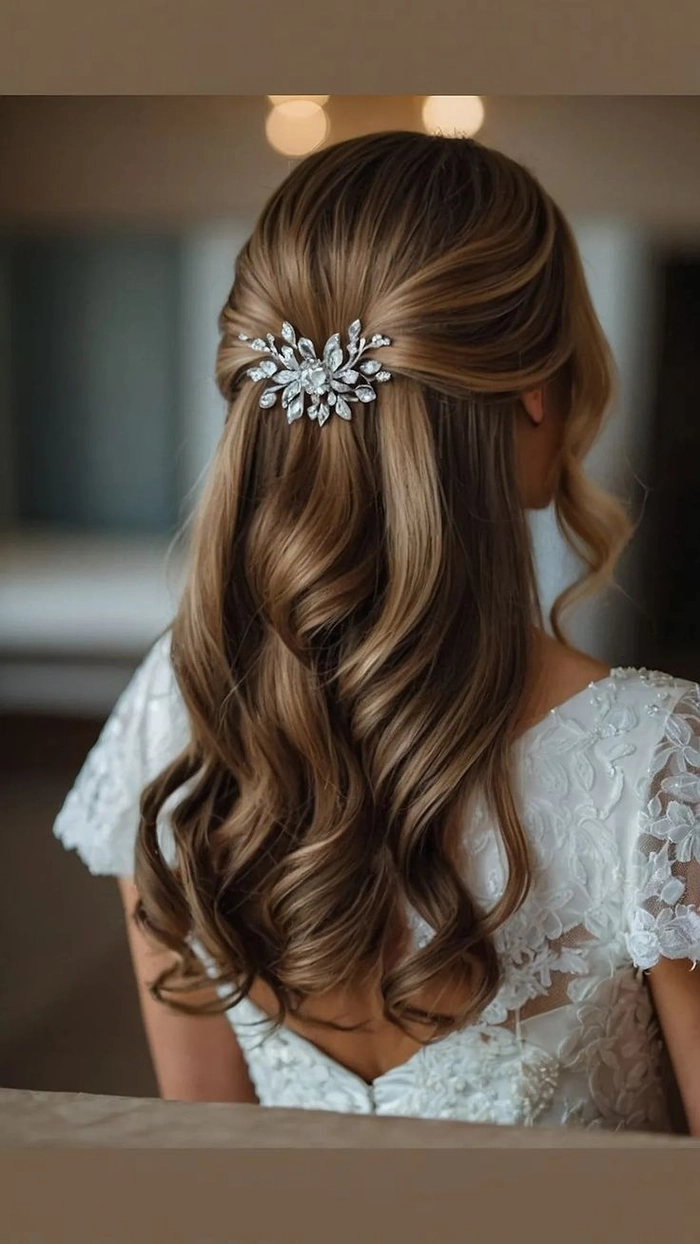 Elegant gala party hairstyle with freshly highlighted blonde hair in an updo