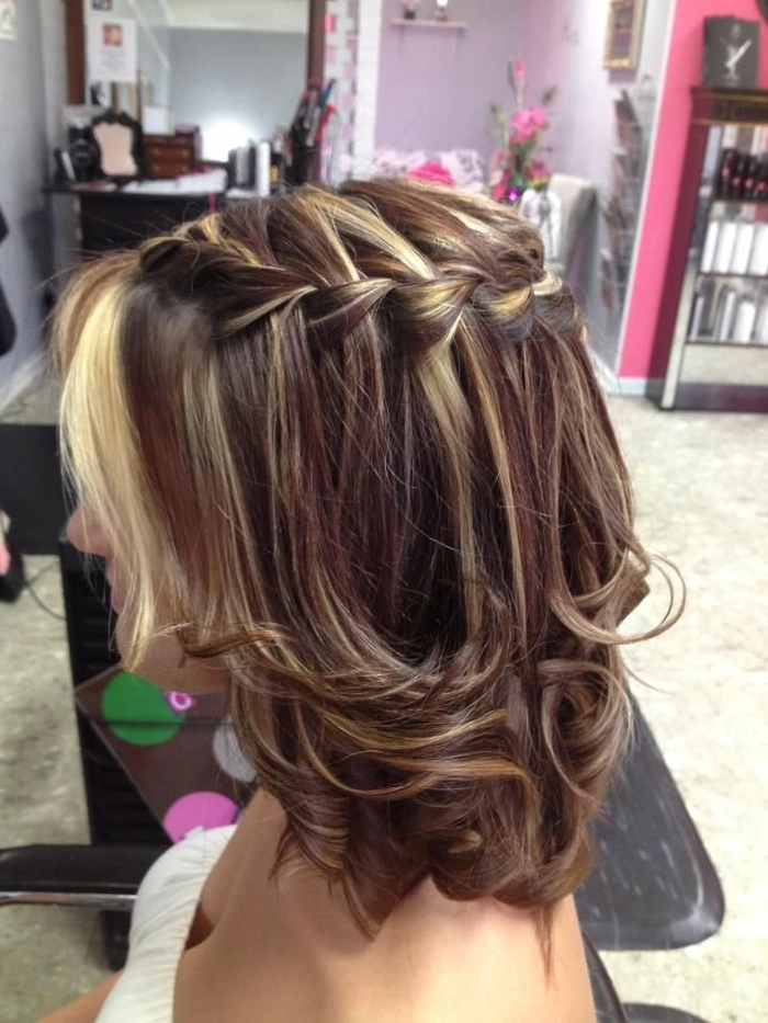 Elegant gala waterfall braid hairstyle for medium length hair, perfect for party occasions