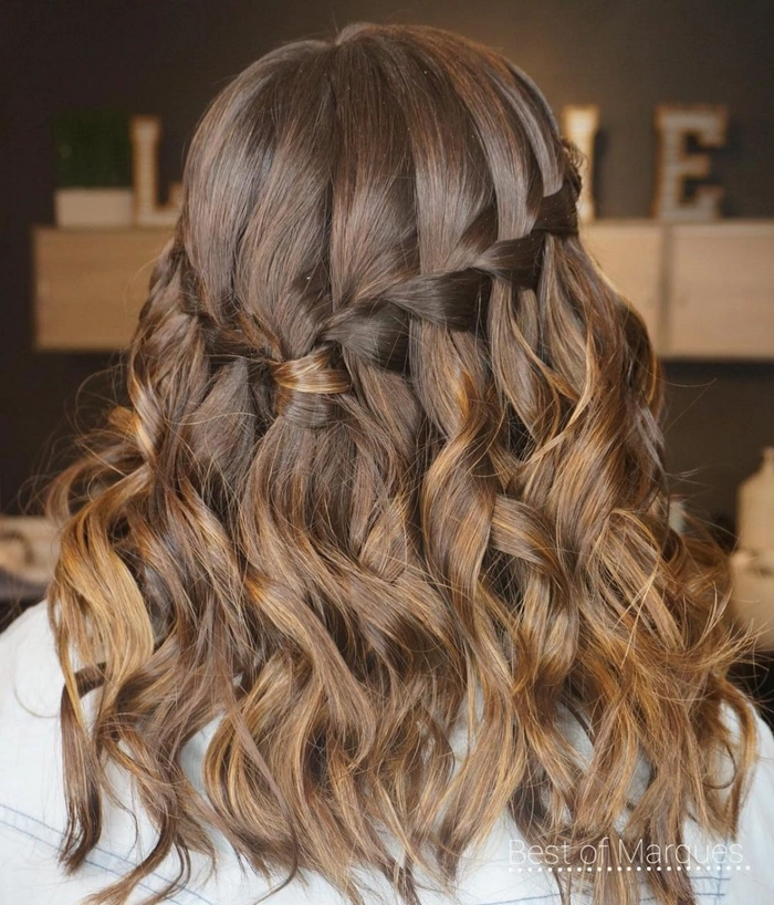 Elegant gala waterfall braid hairstyle on medium length hair