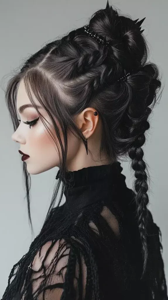 Gothic prom hairstyle with dark accessories including a black velvet bow and ornate hair comb