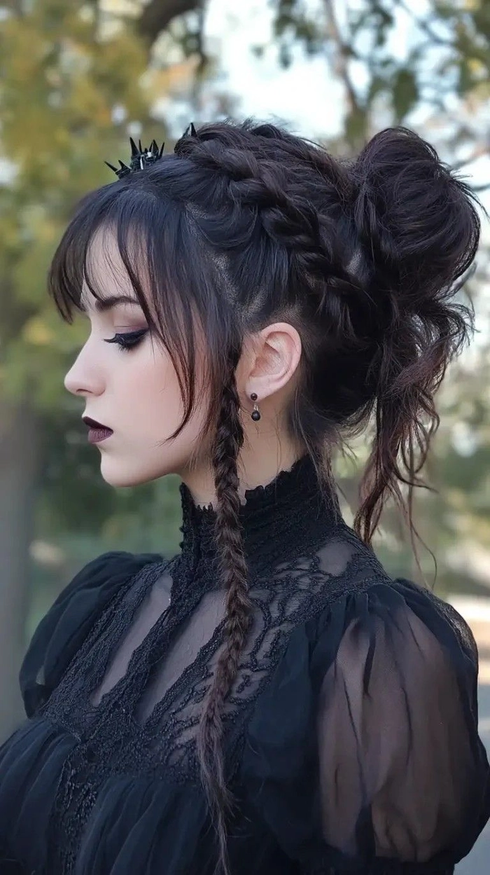 Gothic prom hairstyle with dark accessories and braided updo