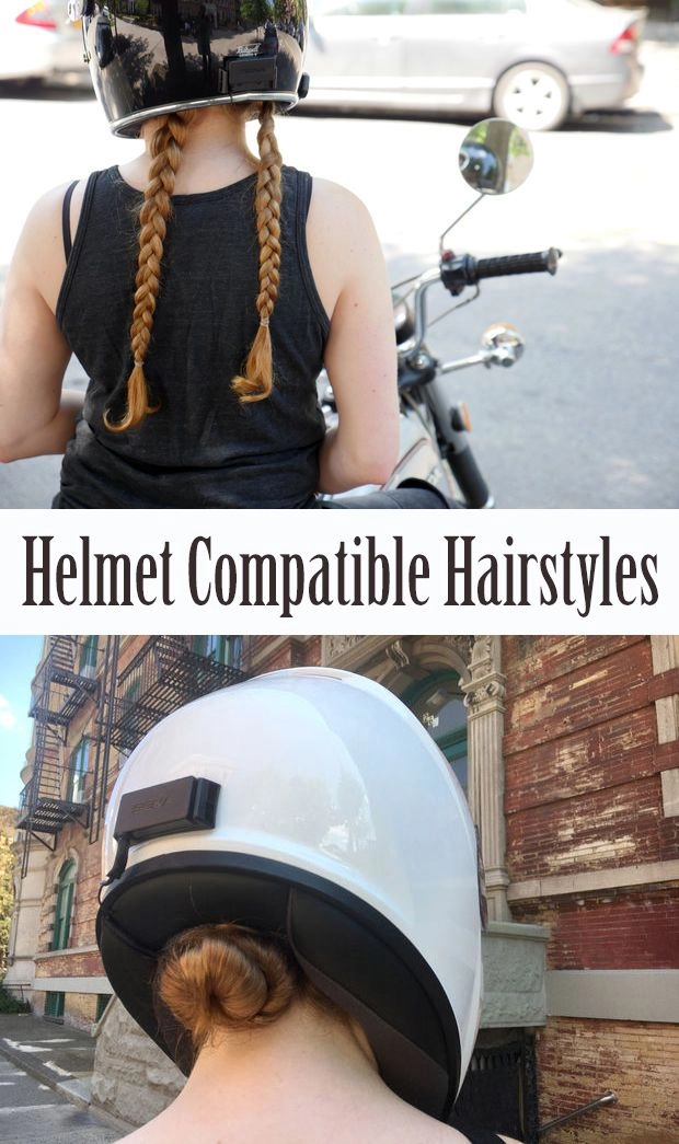 Party hairstyles that are helmet friendly for motorcycle gatherings Woman with a motorcycle helmet and festive party hair styled for events