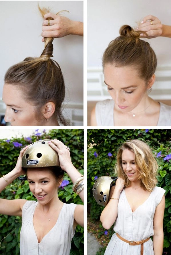 Helmet-Friendly Party Hairstyle Style 6 for Motorcycle Events A woman with voluminous, helmet-friendly party hair poses for a motorcycle event.