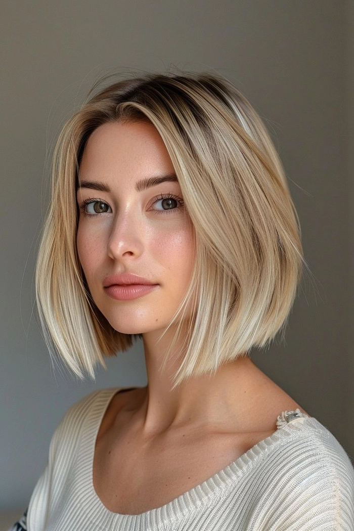 Straight blunt bob hairstyle for a holiday party, showing sleek shine and elegant styling
