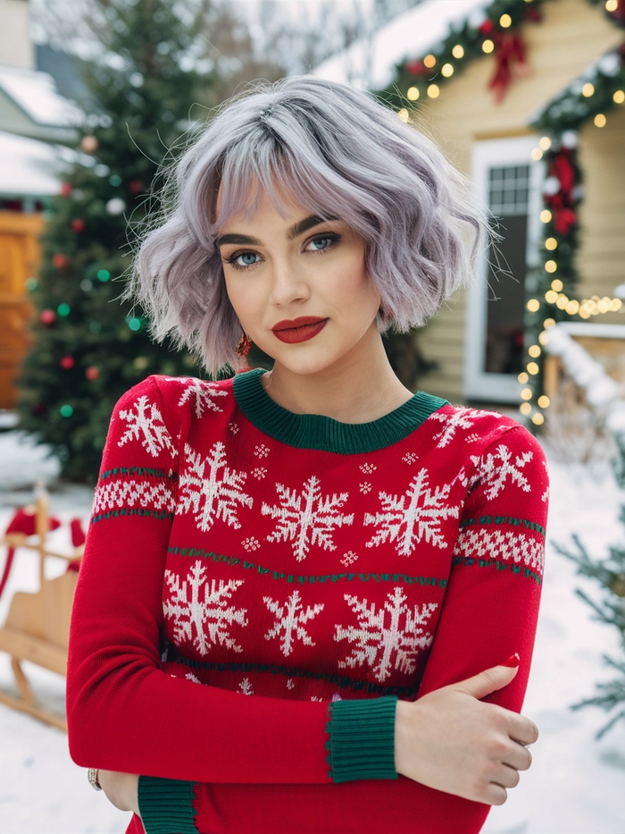 Straight blunt bob with festive holiday styling for party season