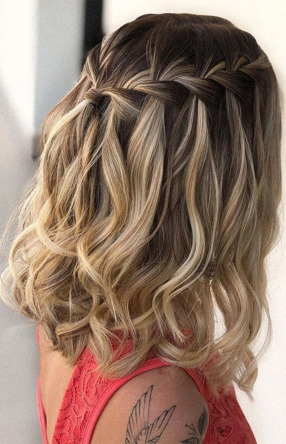 Elegant gala waterfall braids hairstyle for medium length hair