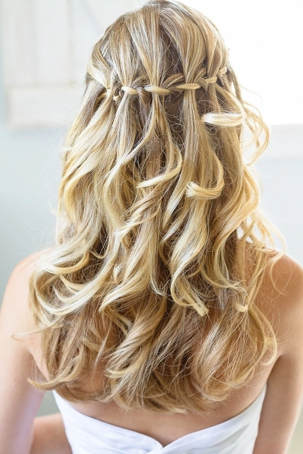 Elegant gala waterfall braid hairstyle for medium length hair