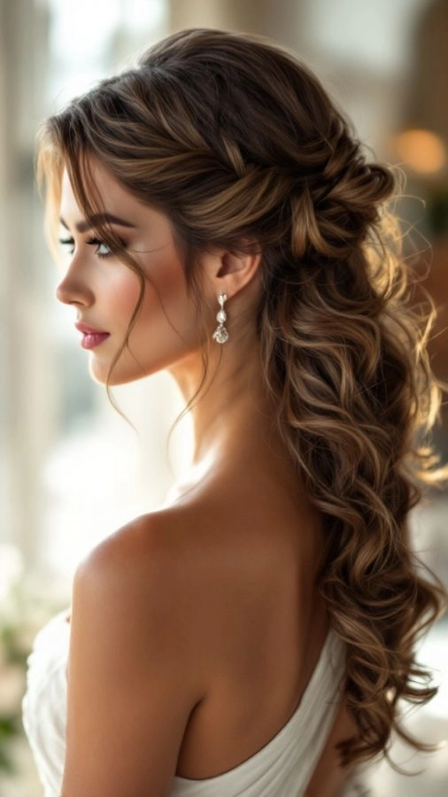Side swept curls styled to complement an asymmetric dress for New Year's Eve party hairstyles