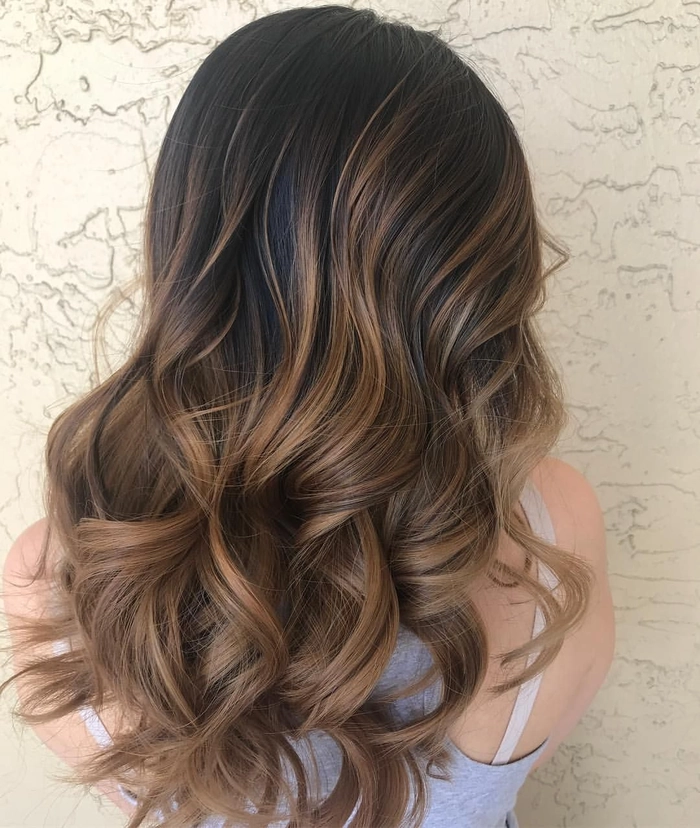 Party hairstyle with balayage color melt highlights for special occasions Woman with balayage hair color melts styled in elegant party updo