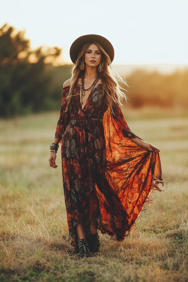 Women's festival hair in soft waves and floral accent matching a flowy bohemian maxi dress for a party look