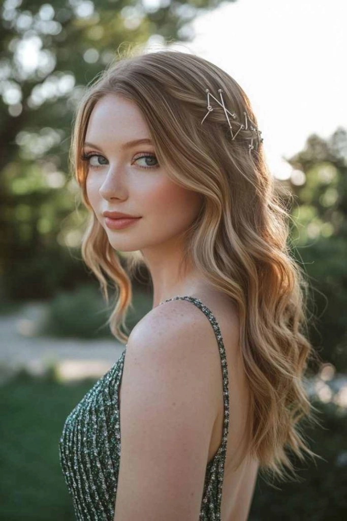 New Year's Eve hairstyle complementing a metallic mini dress for a party look