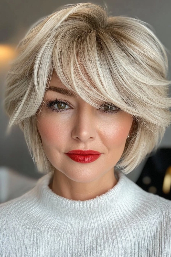 Chic short hair party look for women over 50 with volume and a side sweep Elegant short party hairstyle for women over fifty with soft curls and a sparkling accessory