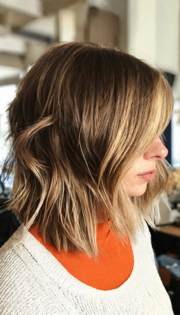 Woman with a textured lob hairstyle at an autumn birthday party