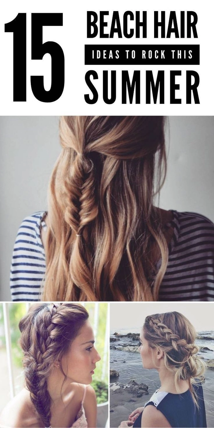 A woman smiling with a sleek, wind-proof braided updo at a sunny beach party