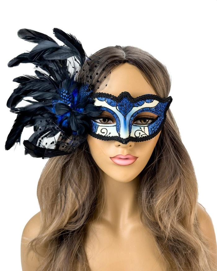 Elegant updo paired with a decorative feather mask for a masquerade ball Hairstyle complementing a feathered masquerade mask for a party