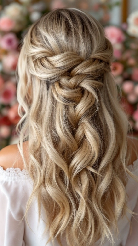 Elegant gala waterfall braid hairstyle on medium length hair for a party event
