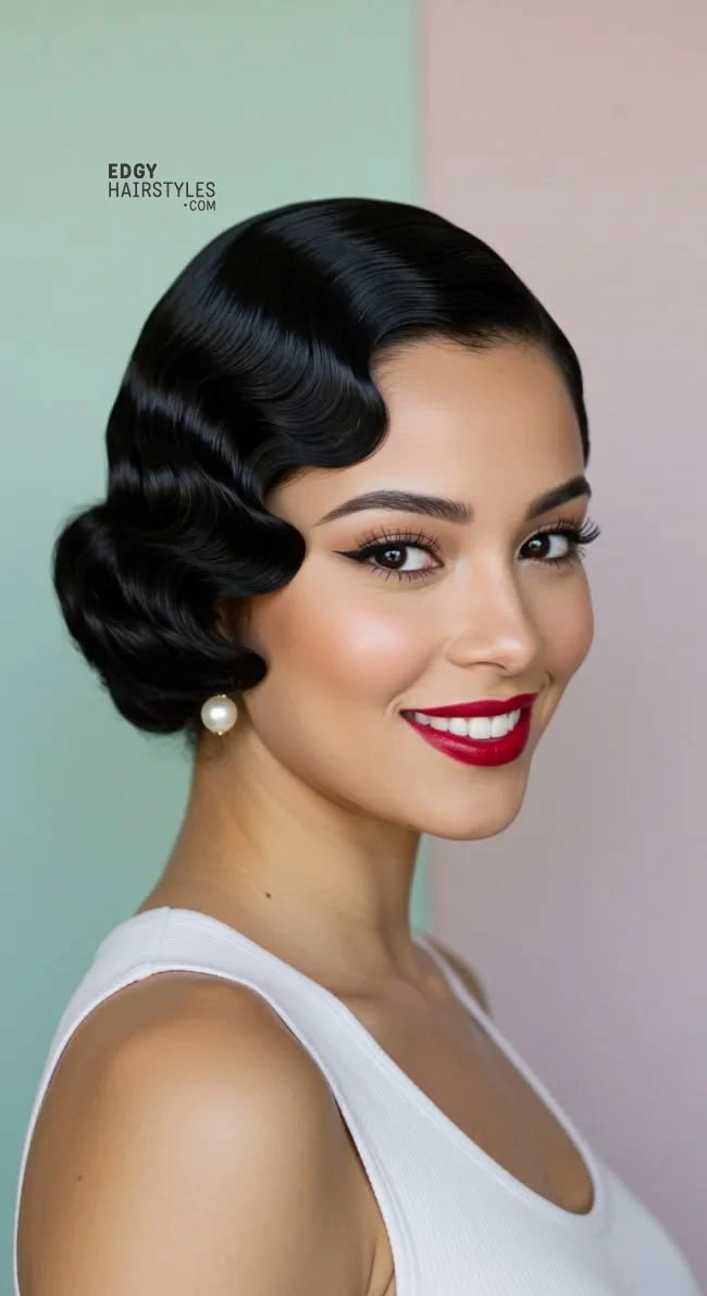 Elegant masquerade ball hairstyle with classic finger waves Vintage finger waves hairstyle for a masquerade ball party