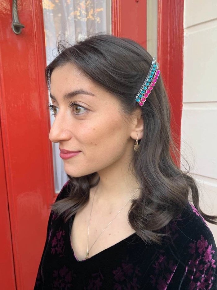 Dazzling rhinestone party hairstyle for a maximalist look Maximalist party hair with heavy rhinestone accessories