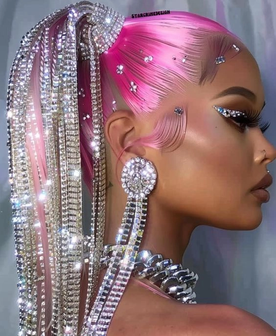Maximalist Party Hair with Heavy Rhinestone Accessories - Glamorous Hairstyle 8 A woman with bold, maximalist party hair featuring heavy rhinestone accessories, styled for a glamorous celebration