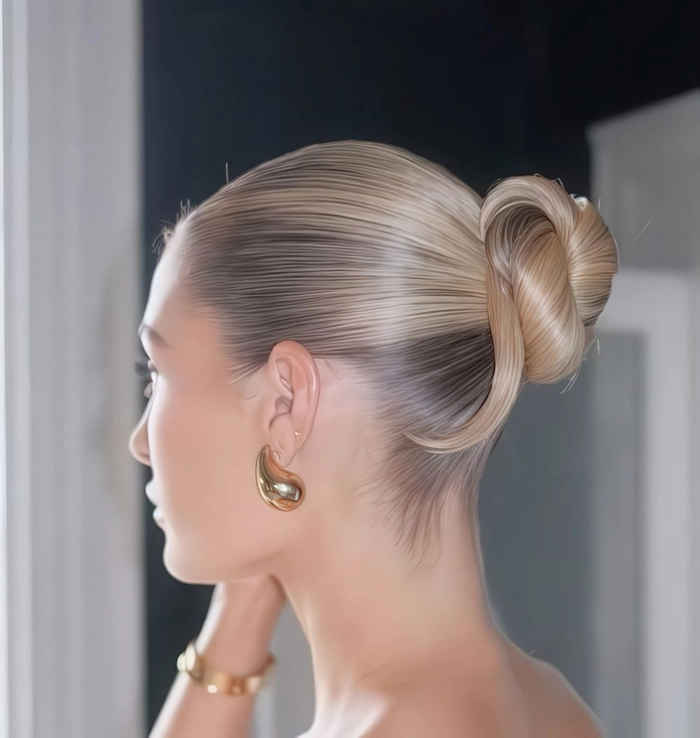 Elegant sleek bun for formal occasions Sleek minimalist party bun hairstyle for formal events, side view