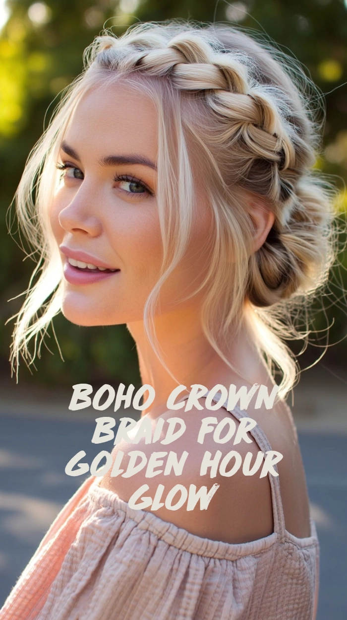 Young woman wearing a boho braided crown at a music festival